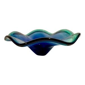 Vintage Postmodern Murano Bowl Blue Green Art Glass Console Bowl